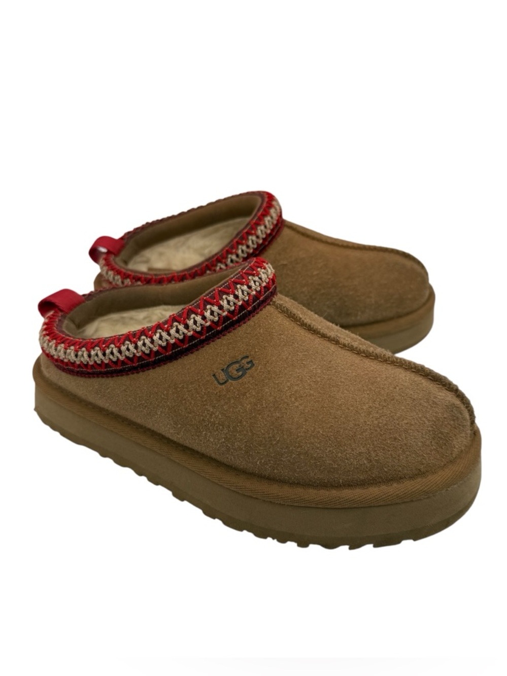 UGG kids Tazz Suede Slipper Size 1 Youth Chestnut Red Trim Comfort Unisex